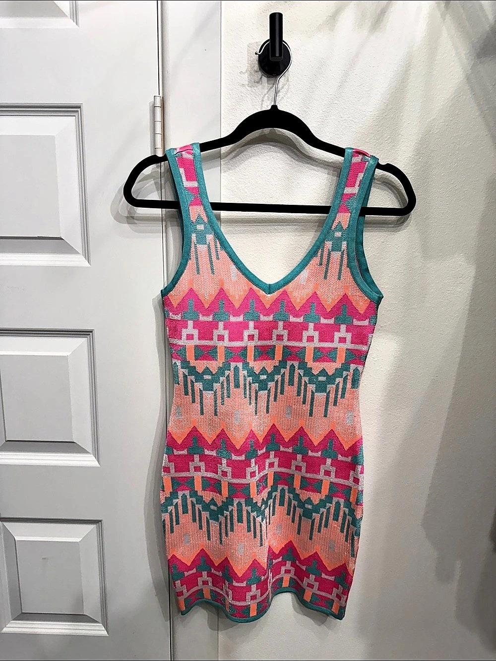 bebe Geometric Mini Dress in Pink & Green Size Small